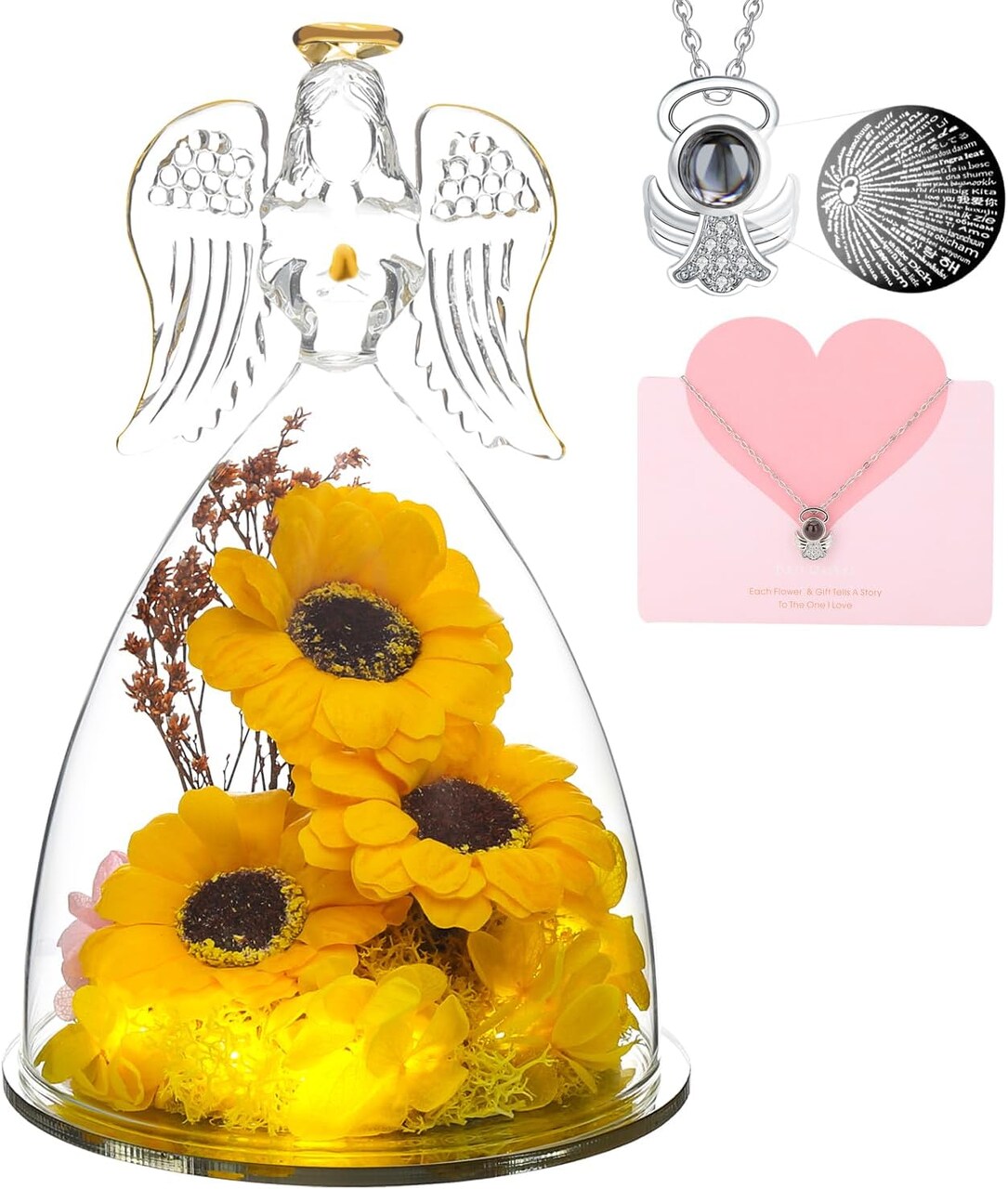 Mothers Day Rose Gifts for Mom,Sunflower Gifts for Her,Angels Figurines with 3 Sunflowers & Lighted with Necklace,Sunflower Birthday Gifts for Women Mom Wife Girlfriend